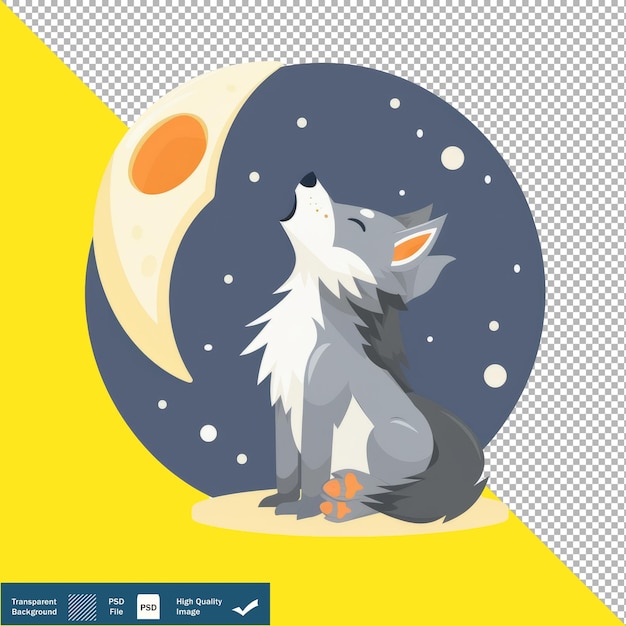 a wolf is on a snowy surface with a moon behind it