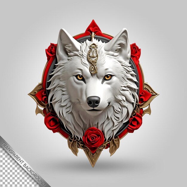 PSD a wolf with a gold headband and a red rose in the center