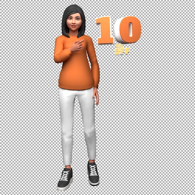 Woman 3d illustration character with 10 percent off