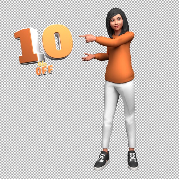 Woman 3d illustration character with 10 percent off