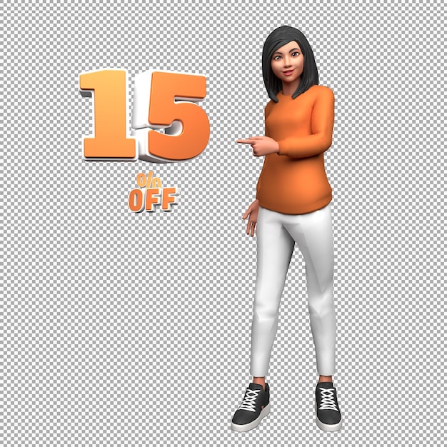 Woman 3d illustration character with 15 percent off