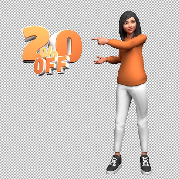 Woman 3d illustration character with 20 percent off