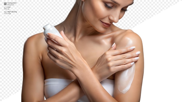 Woman applying lotion to her arm on transparent background