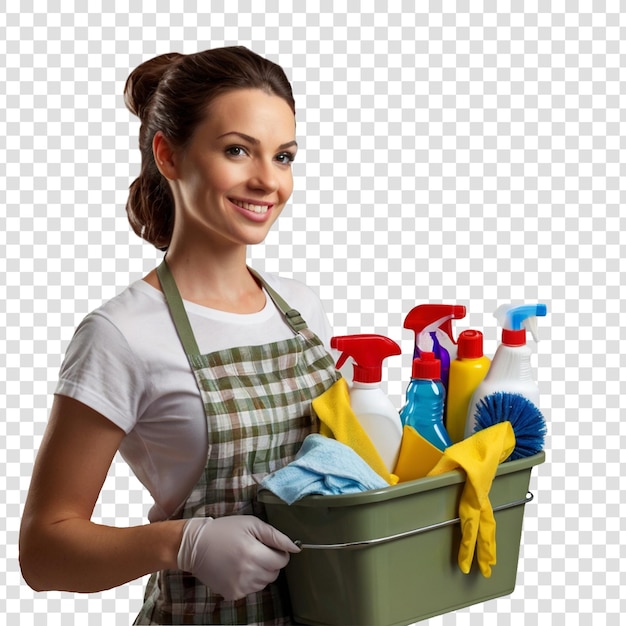 a woman in an apron with a dishwasher and a box of cleaning supplies