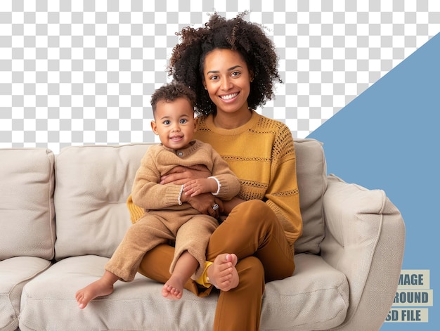 PSD a woman and a baby are sitting on a couch