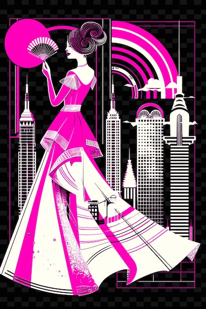 Woman in a Ball Gown Holding a Fan Art Deco Cityscape in the PNG Poster Background Designs