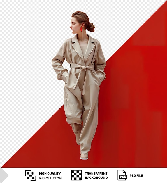 Woman in Beige Jumpsuit with Red Background