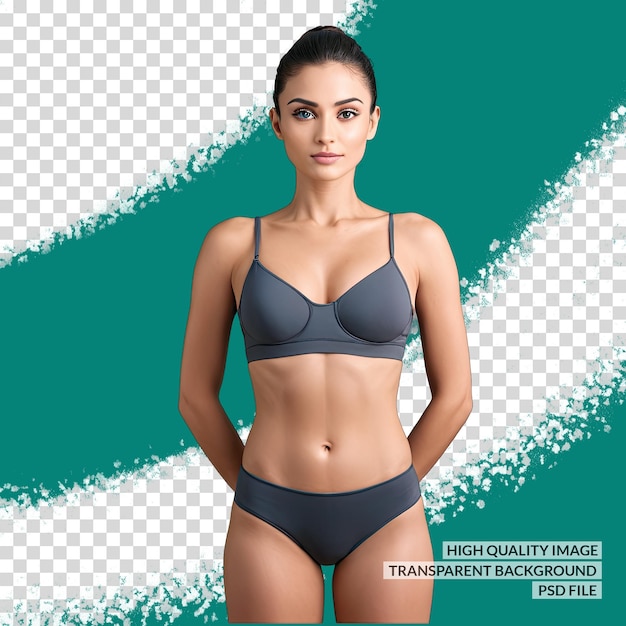 a woman in a bikini is standing in front of a green background