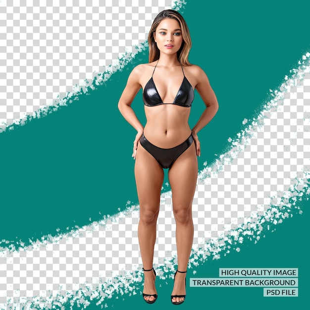 a woman in a bikini stands in front of a green background with white lines