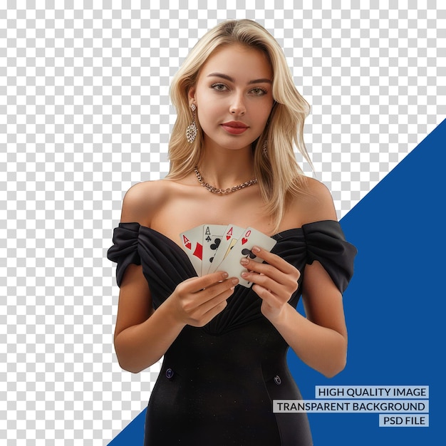 a woman in a black dress is holding a pair of playing cards