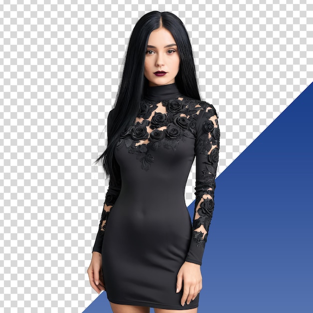 PSD a woman in a black dress with a floral pattern on the front