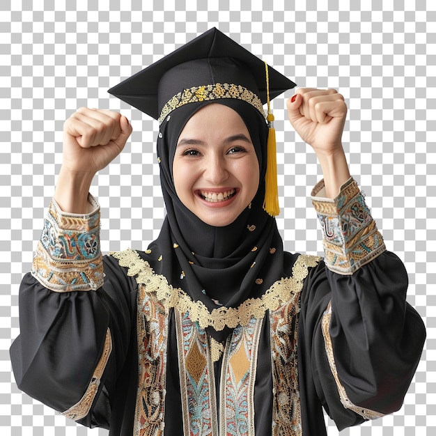 A woman in a black graduation gown is smiling and holding her hands up in the air