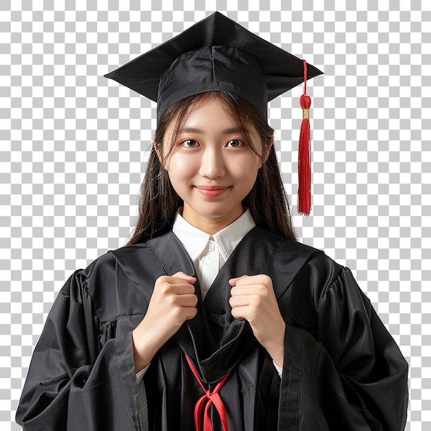 A woman in a black graduation gown with a red tassel on the top of her hat