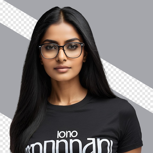 A Woman Black Long Hair with Glasses and Black Tshirt