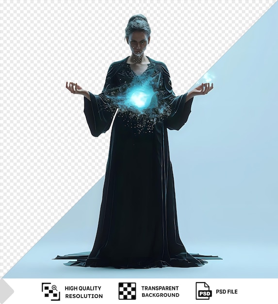 A Woman in a Black Robe Conjures Light With Her Hands Isolated on a Transparent Background