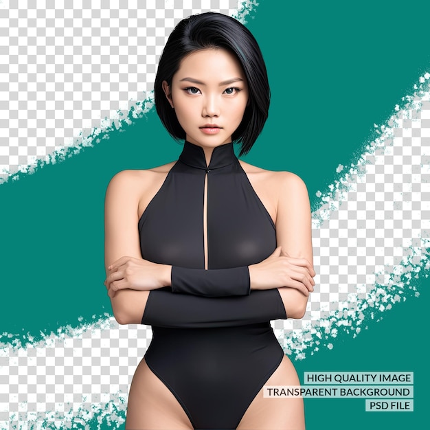 PSD a woman in a black swimsuit with a green background