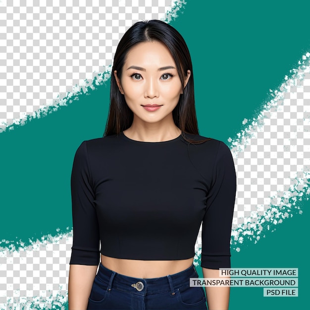 PSD a woman in a black top with a green background with white letters