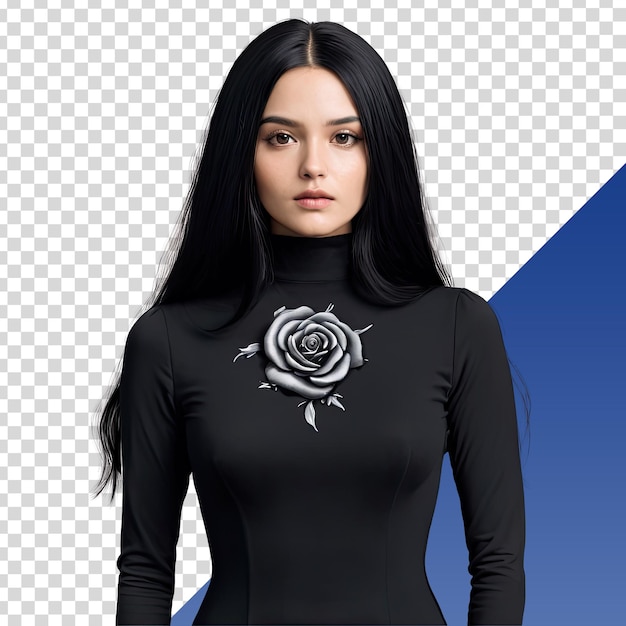 a woman in a black wetsuit with a rose on the front