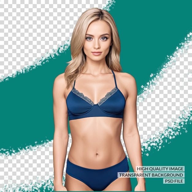 a woman in a blue bikini stands in front of a green and blue geometric pattern