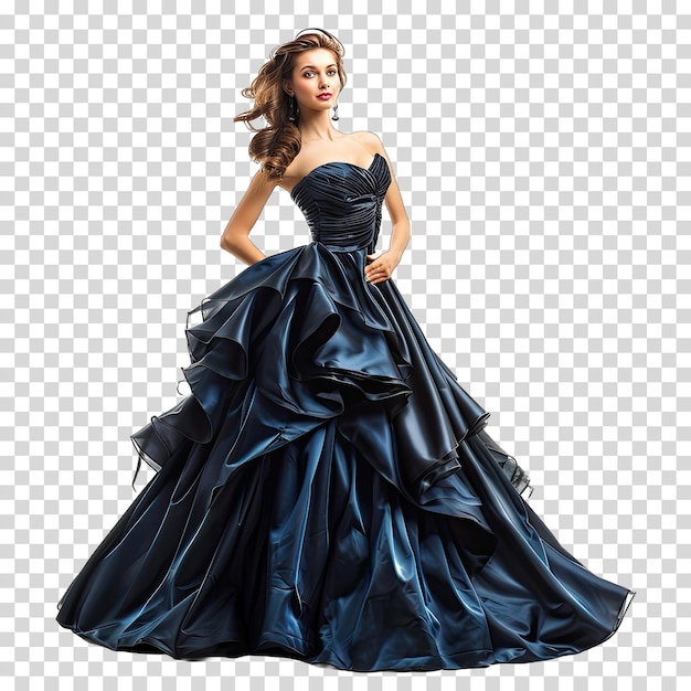 a woman in a blue dress with a black dress on it