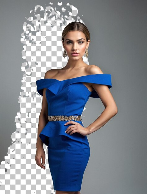 PSD a woman in a blue dress with a gold belt