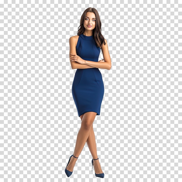 a woman in a blue dress with her arms crossed