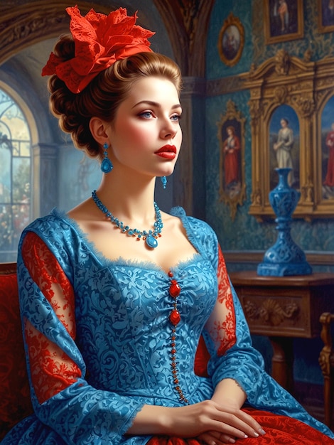 a woman in a blue dress with a red bow on her hair