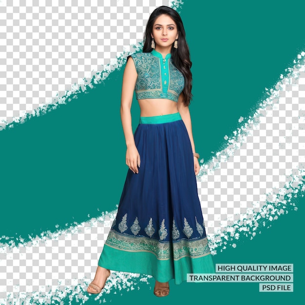 PSD a woman in a blue and green outfit with the words  sari  on the bottom