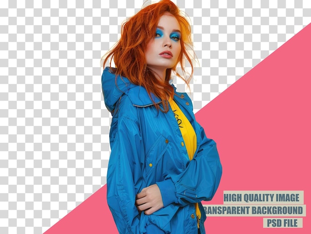 PSD a woman in a blue jacket with a yellow shirt on it and transparent background