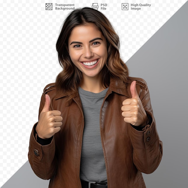 a woman in a brown leather jacket giving the thumbs up.