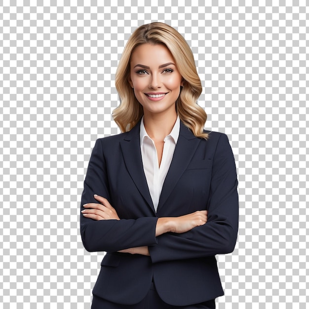 a woman in a business suit stands on a cross legged