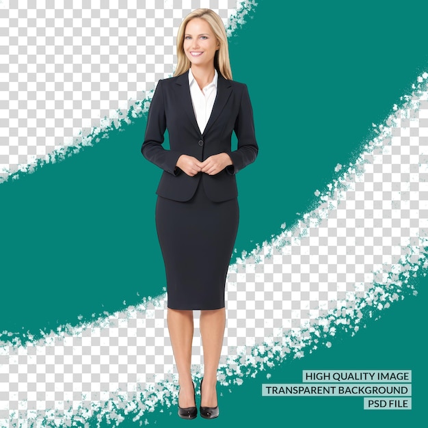 a woman in a business suit stands in front of a green and blue background