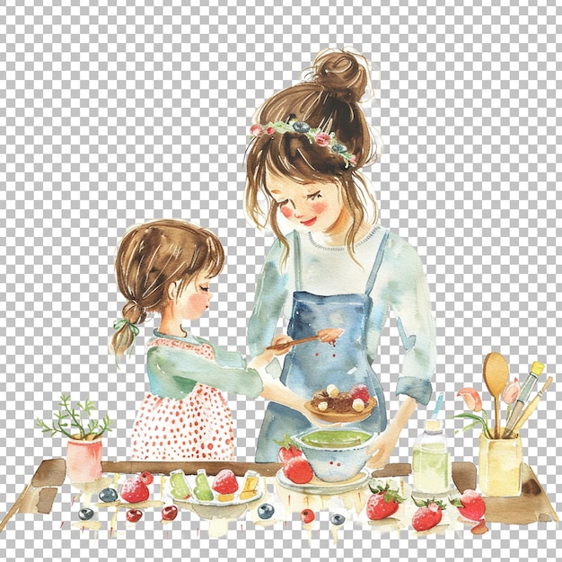 PSD a woman and a child are cooking in a kitchen on white transparent background png