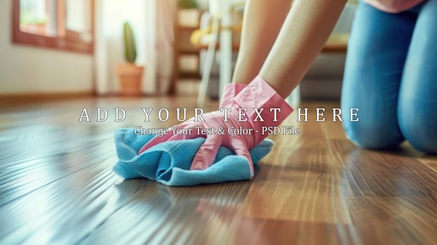 PSD woman cleaning hardwood floor