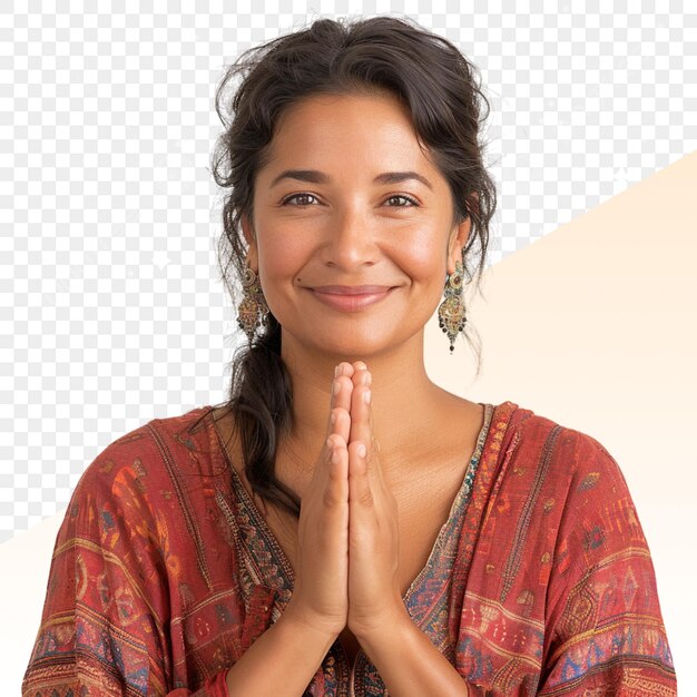 PSD a woman in a colorful dress is smiling and she is wearing a red and orange top