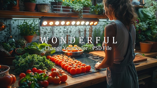 PSD woman cooking with fresh tomatoes in a rustic kitchen