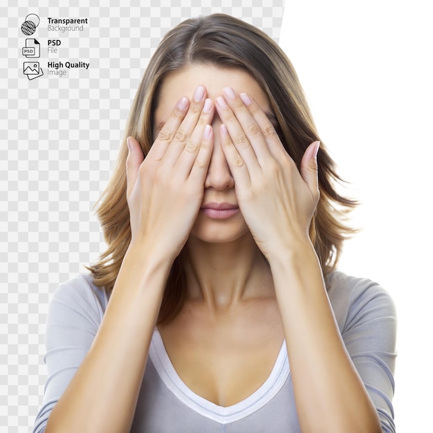 PSD woman covering her eyes with hands in studio setting