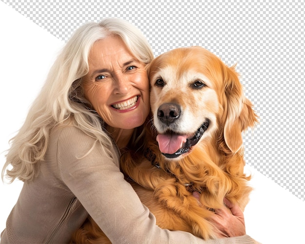 PSD a woman and a dog pose for a photo with a white background