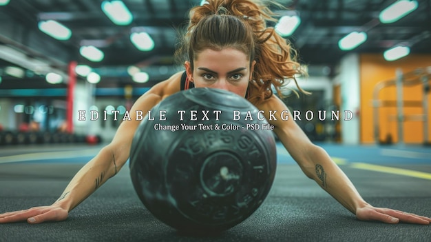 PSD woman doing pushups with medicine ball at gym