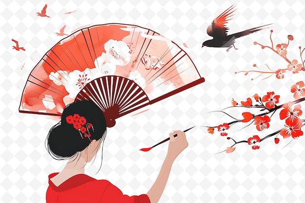 a woman drawing a japanese japanese fan with a red bow and a bird on the top