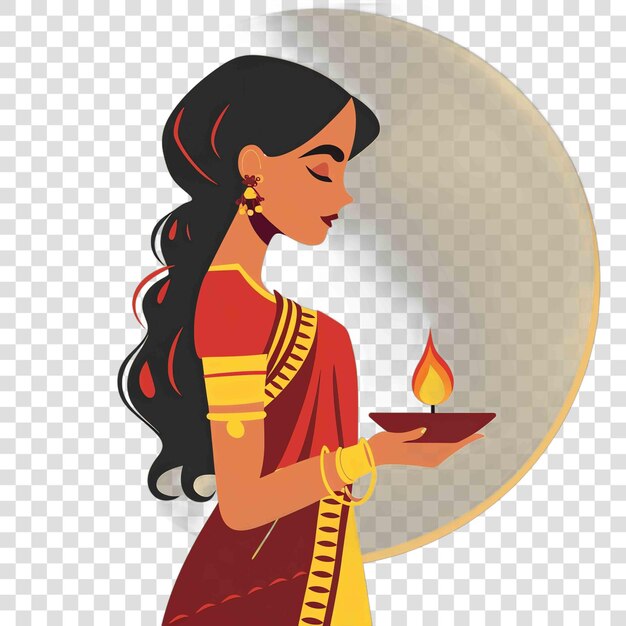 PSD woman dressed in traditional indian attire is holding diya indian illustration