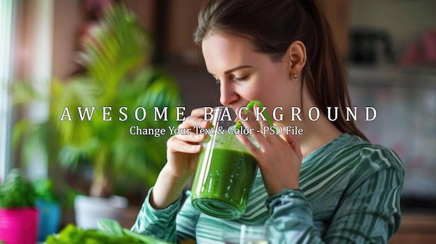 PSD woman drinking green smoothie