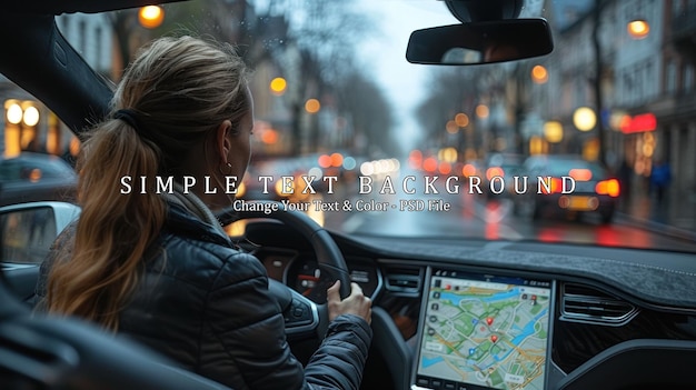 PSD woman driving through a city with a navigation system