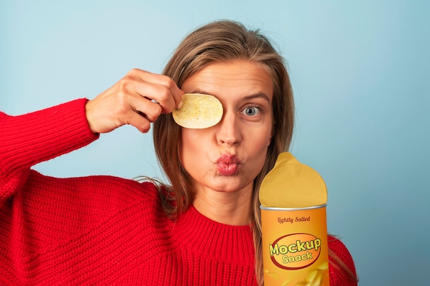 PSD woman eating delicious snack mockup