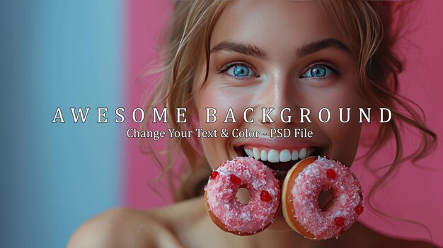 PSD woman eating a donut with a pink background