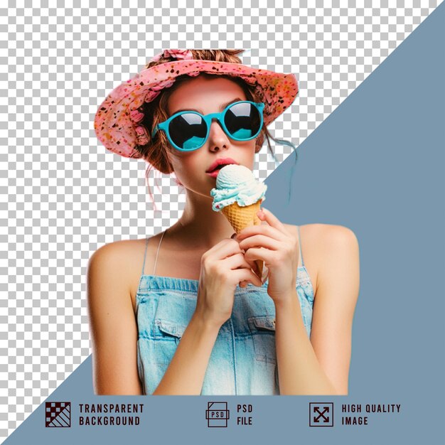 PSD woman eating ice cream isolated on transparent background