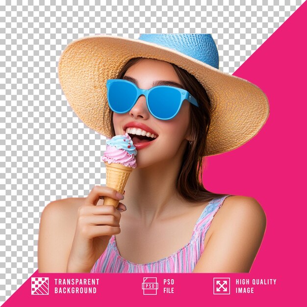 PSD woman eating ice cream isolated on transparent background