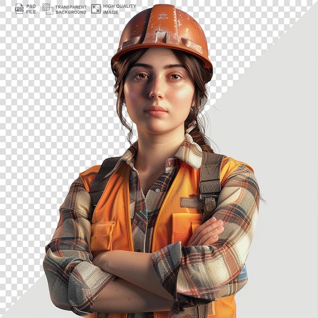 Woman engineer wearing safety helmet with cross arm and coffee cup on white background