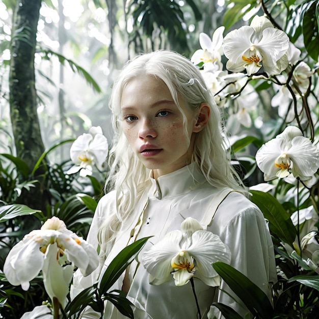 PSD a woman in a forest with white flowers and green leaves