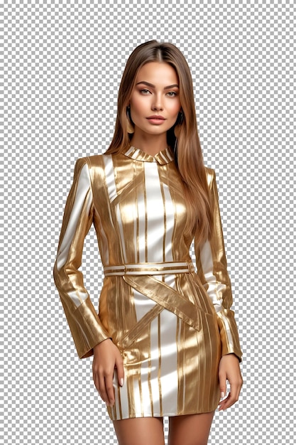 PSD a woman in a gold dress stands in front of a white background